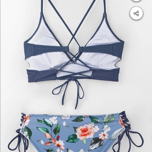 Blue And Floral Lace-Up Bikini - Picture 4 of 4